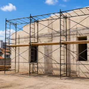 locação de andaimes em obra residencial com estrutura metálica para trabalho em altura