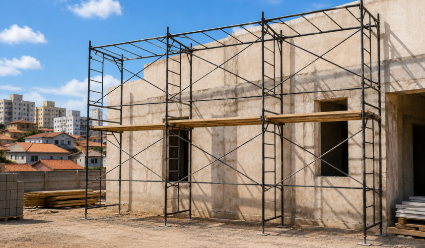 locação de andaimes em obra residencial com estrutura metálica para trabalho em altura