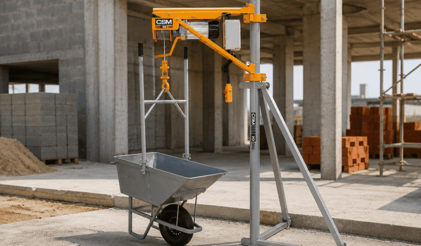 Guincho de coluna utilizado para movimentação vertical de cargas em ambiente industrial, com sistema de cabo de aço, tambor de enrolamento e recipiente suspenso para transporte seguro de materiais.