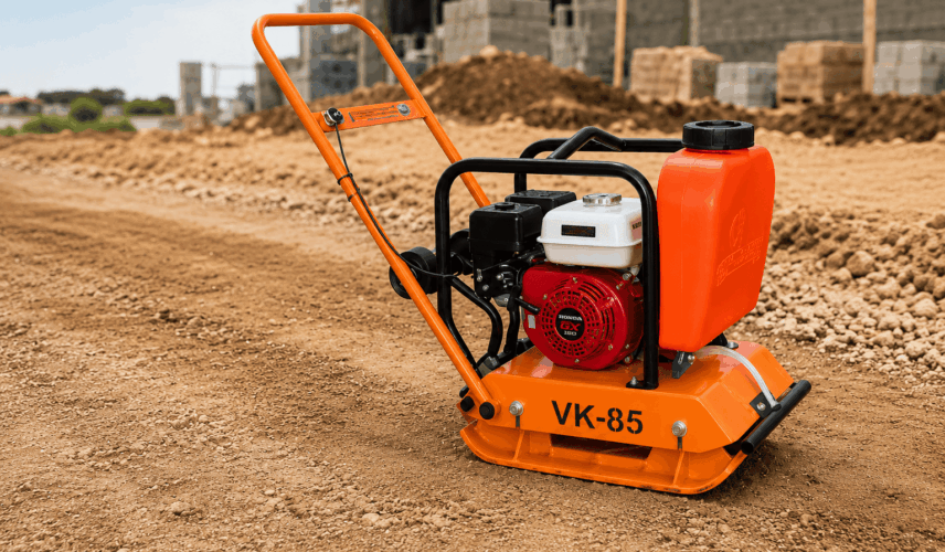 Placa vibratória compactando solo em canteiro de obras, equipamento utilizado para compactação de terrenos, preparação de fundações, assentamento de pisos intertravados e reparos em pavimentação.