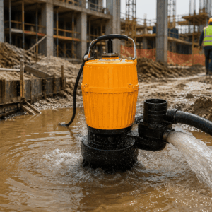 Bomba de água para obra realizando o bombeamento de água acumulada em um canteiro de obras, evitando alagamentos e atrasos na construção.