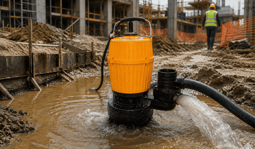 Bomba de água para obra realizando o bombeamento de água acumulada em um canteiro de obras, evitando alagamentos e atrasos na construção.