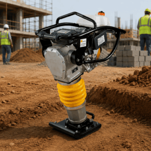 Compactador de solo elétrico sendo utilizado em um canteiro de obras, ideal para compactação de terrenos em obras residenciais e industriais.