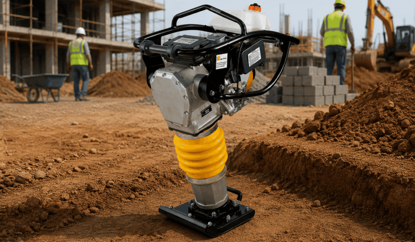 Compactador de solo elétrico sendo utilizado em um canteiro de obras, ideal para compactação de terrenos em obras residenciais e industriais.
