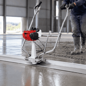 Operador em galpão industrial utilizando régua vibratória motorizada para adensamento preliminar e nivelamento de piso de concreto antes da locação de acabadora de superfície.