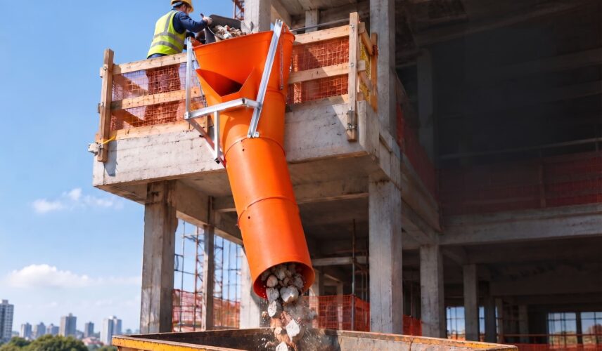 Fotografia de uma obra de construção civil mostrando um operário de capacete e colete refletivo despejando entulhos em um duto (calha) coletor laranja, que descarrega o material diretamente em uma caçamba amarela no pavimento inferior.