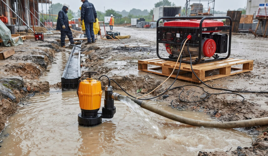 Bomba submersível amarela esgotando vala com lama conectada a gerador de energia sobre palete de madeira em canteiro de obras para locação de gerador e bomba de água para obra.